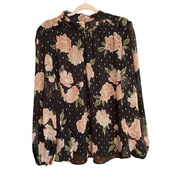 Haver & Blair London-Long Sleeves-High Neck-Lined-Floral Blouse-Gold Fleck-3X - Picture 1 of 14